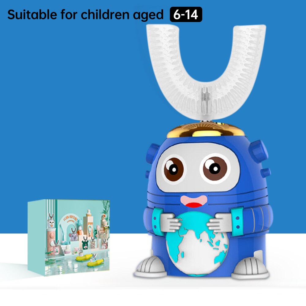 Smart 360 Degress U Sonic Electric Toothbrush Kids Silicone Automatic Ultrasonic Tooth Brush Children Blue Light Teeth Brush: Astronaut Blue 6-14