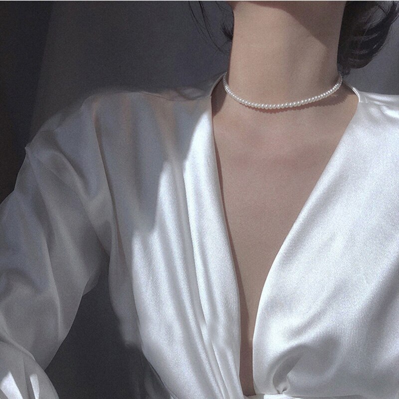 Jahrgang Stil Einfache 4MM Perle Kette Halsband Halskette für Frauen Hochzeit Liebe Hülse Anhänger Halskette Schmuck