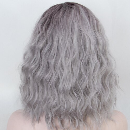 Toutbeau Paars Pruiken Korte Golvend Pruik 16Inch Zijscheiding Pruiken Synthetisch Krullend Bob Pruik Kostuum Cosplay Pruik Hittebestendige fiber: Gray