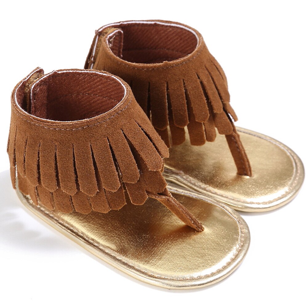 Baby Summer Shoes Baby Girls Kids Sandals Tassel Anti-Slip Summer Crib Shoes Soft Sole Prewalkers Candy Color Solid Shoes: Brown / 7-12 Months