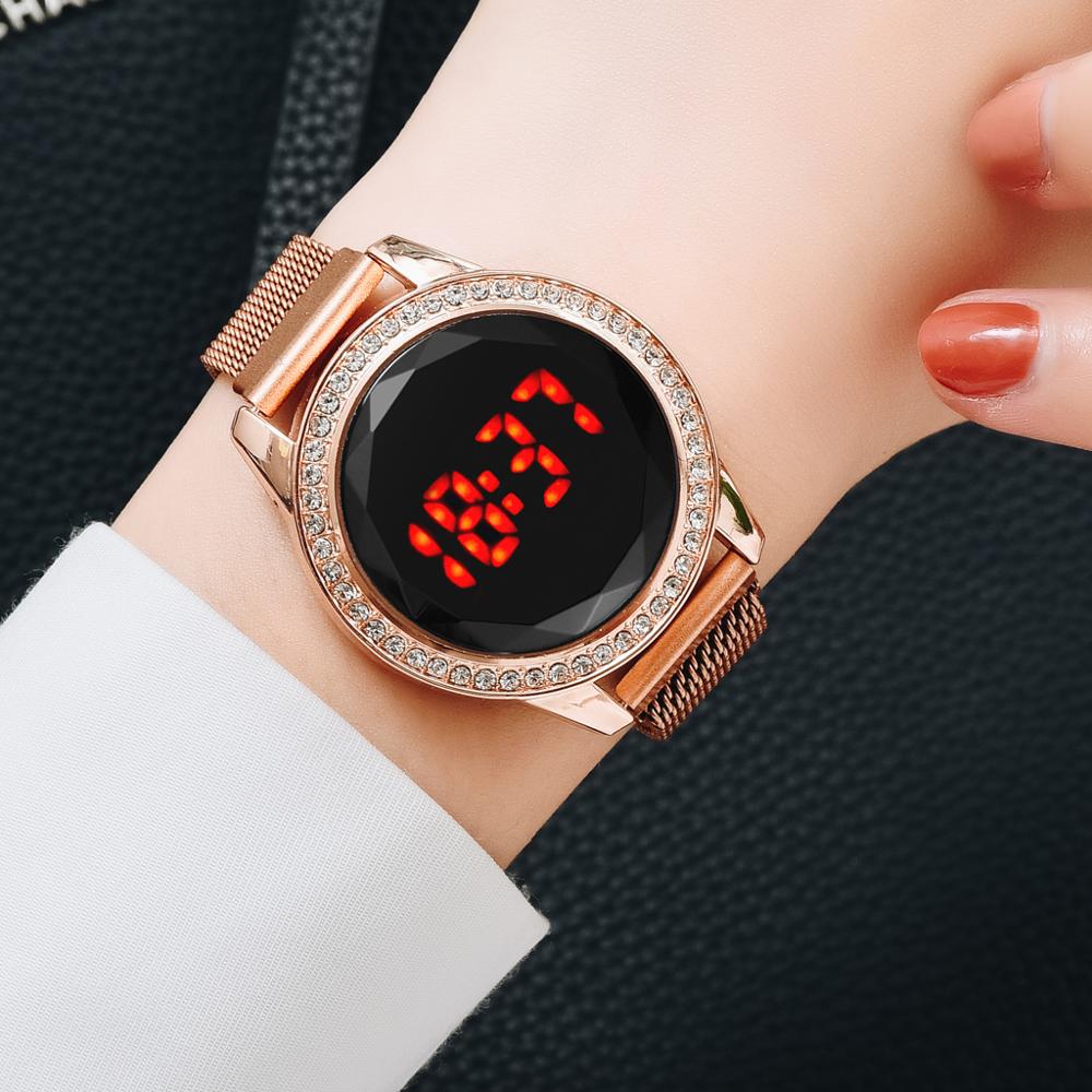 Magnetic Women Watches Rose Diamond touch screen Mesh Strap Ladies Electronic Wristwatches Minimalist Female Clock