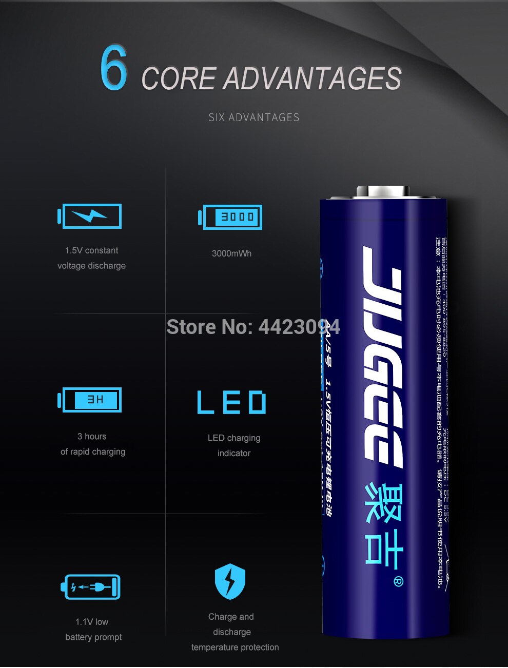 JUGEE No. 5 (AA) 1.5V constant voltage rechargeable lithium battery,聚吉5号充电电池