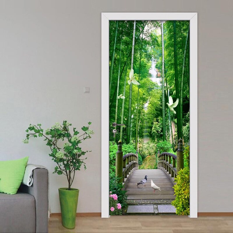 Waterproof Self-Adhesive Door Sticker Bamboo Forest Wooden Bridge Pigeon 3D Photo Wallpaper for Living Room Bedroom Door Mural