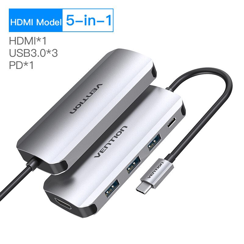 Vention USB HUB C HUB to Multi USB 3.0 HUB HDMI VGA PD Adapter Dock for MacBook Pro USB-C Type C 3.1 Splitter 3 Port USB C HUB: HDMI 5-in-1 THF