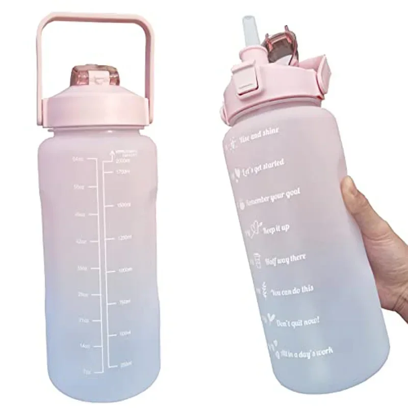 2 liters vannflaske med sugerør, store bærbare reiseflasker, sports- og treningskopp, sommer, kaldt vann med tidsskala: Grønn