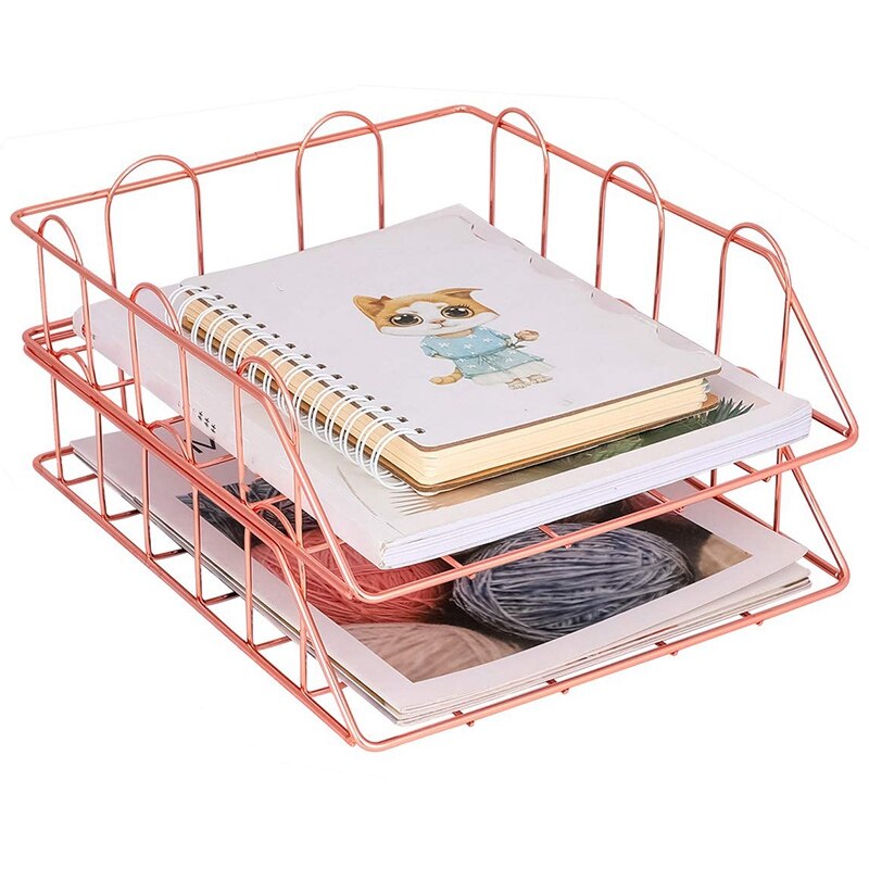 1 Set Of 2 Office Supplies Metal Stackable File Document Letter Tray Organizer, Rose Gold