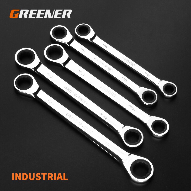 Groener Chrome Vanadium Ring Dubbele Hoofd Ratelsleutel Omkeerbare 8-9-10-12-13-14-15-16-17-18-19mm Ratchet Combinatie Spanner