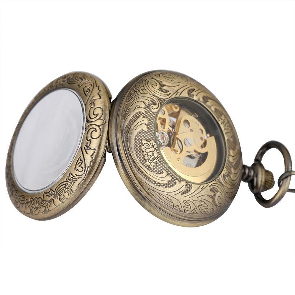Reloj de bolsillo mecánico automático para hombre y mujer, con transparente de Bronce Antiguo, reloj de bolsillo automático, con cadena Retro