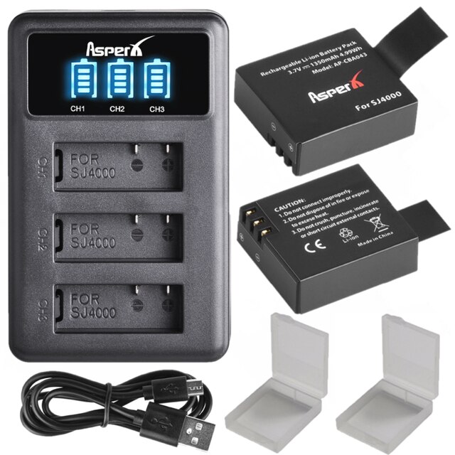 1350mAh PG1050 SJ4000 batería con cargador para SJCAM SJ4000WIFI SJ5000 SJ6000 Sj5000 WIFI M10 SJ7000 SJ8000 SJ9000 EKEN H8 H8R: Charger and 2Battery