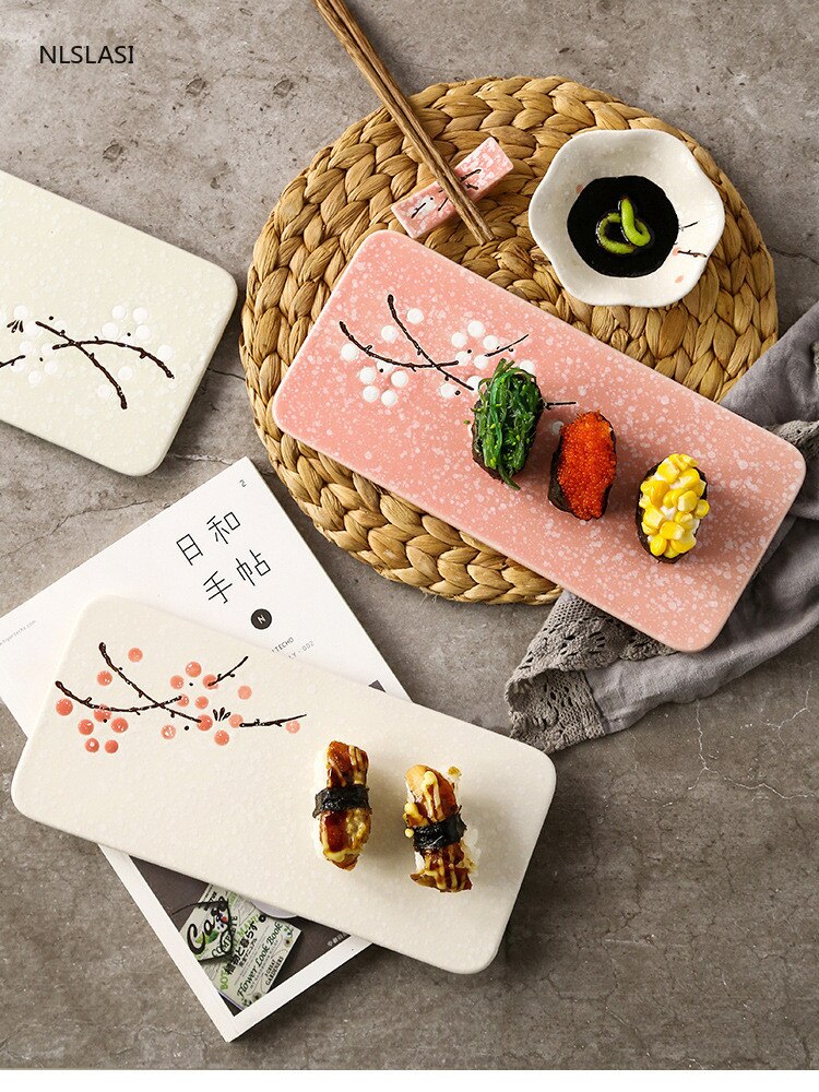 Japanese-style hand-painted underglaze ceramic tableware restaurant rectangular snack pad flat sushi dish set plate