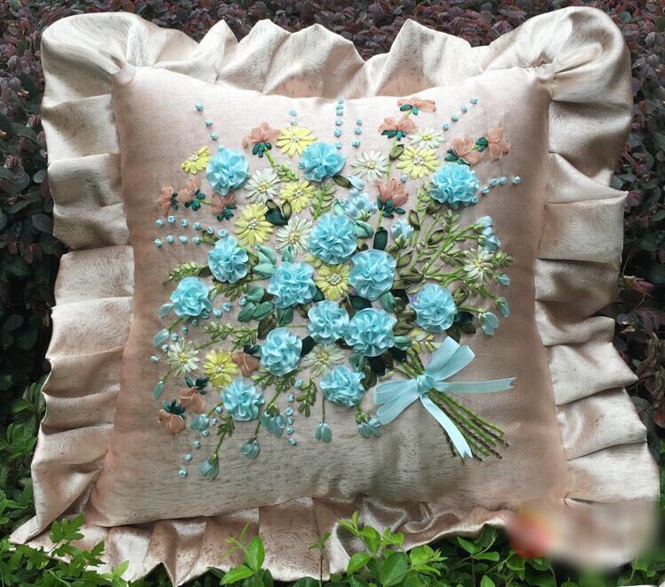 Kit de bordado de cinta de ramo de flores, set de funda de almohada, manualidades DIY, arte de costura hecho a mano, decoración del hogar, 45x45cm, 1 pieza: Blue / Unfinished kit