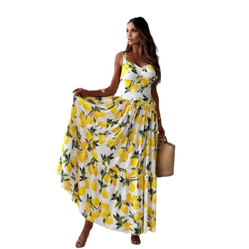 2023 sommer Maxi Kleider Für Frauen Zitrone Strap Obst Druck Strap Sress Robe Elegante Kleider Für Frauen Robe Longue Femme