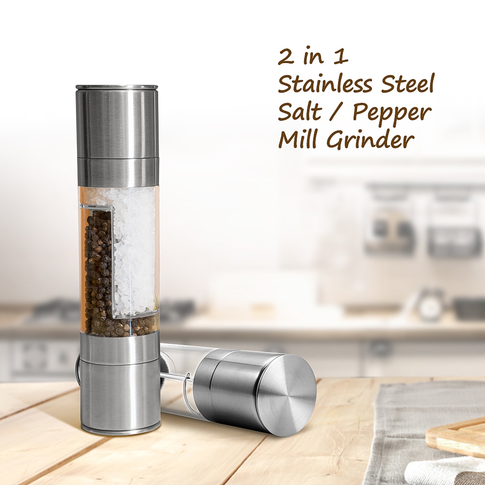2 In 1 Stainless Steel Manual Pepper Salt Spice Mill Grinder Kitchen Seasoning Cooking Tools Support