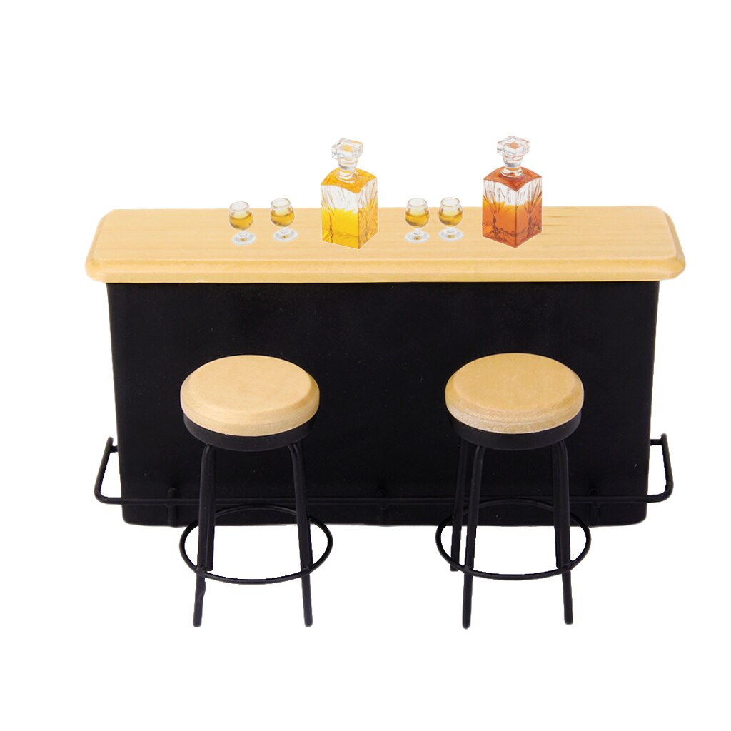 1:12 Mini Pub Bar Cabinet Stool Whiskey Wine Bottle Glass Cup Furniture Supplies