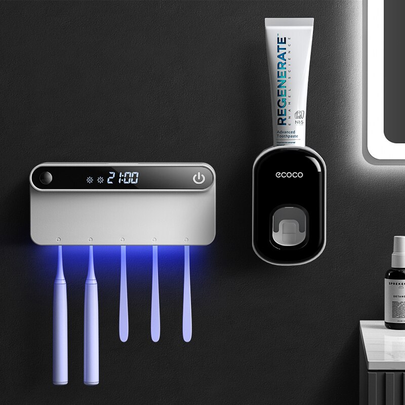 PEISI UV Toothbrush Holder Sterilizer Toothpaste Squeezer Dispenser LED Displayed Timming Disinfection Bathroom Accessories Set: A White Set