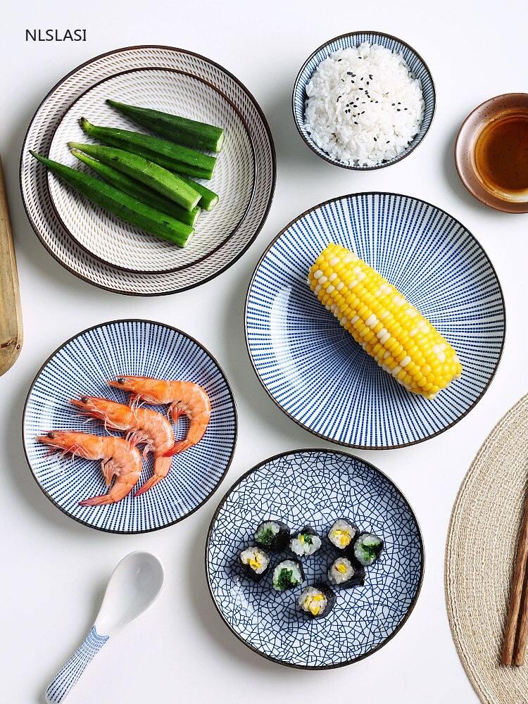 Japanese Retro Style Ceramic Dinner Plates Porcelain Dishes Saucer plate Sushi plate Rice Noddle Dinnerware Kitchen Tableware
