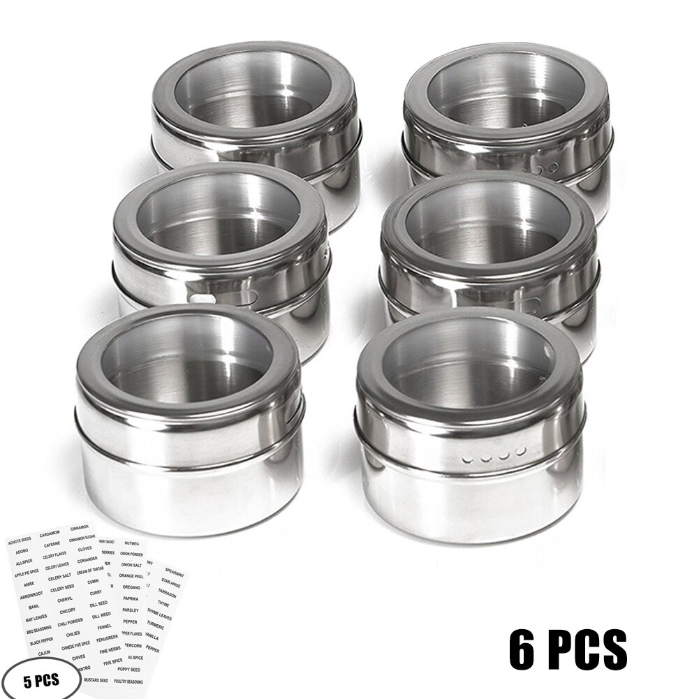 Couvercle clair magnétique pot à épices ensemble en acier inoxydable Sauce aux épices récipient de stockage pots cuisine D6: 6pcs(add 5 labels)