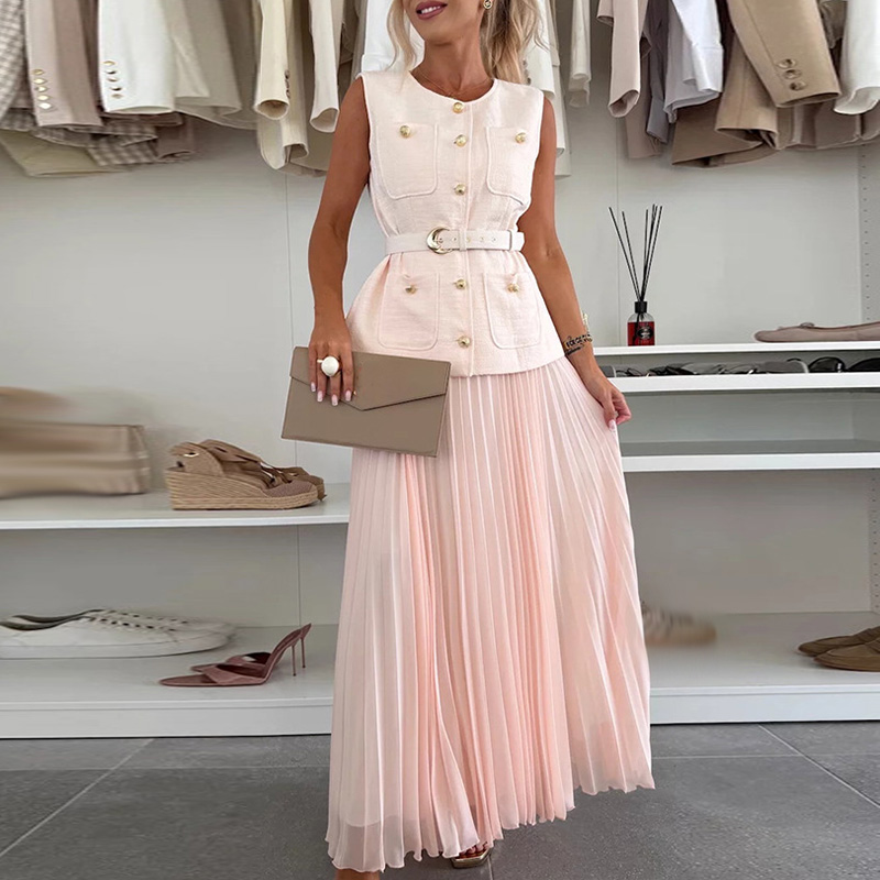 Meshveckad enfärgad festkostym o-ringad knäppt toppar och långa kjolar set kvinnor casual ärmlös smal passform 2pc outfits