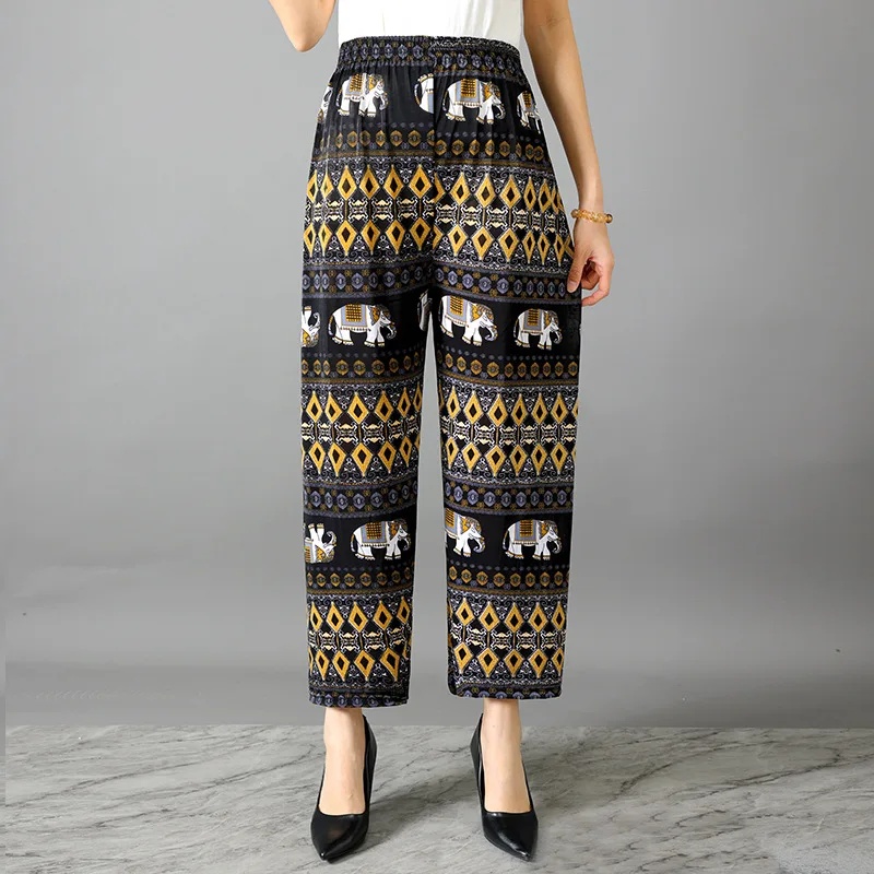 Koele zomer ijszijde bloemenbroek dames muggenbestendig casual thuis met airconditioning negendelige lengte broek: WIT