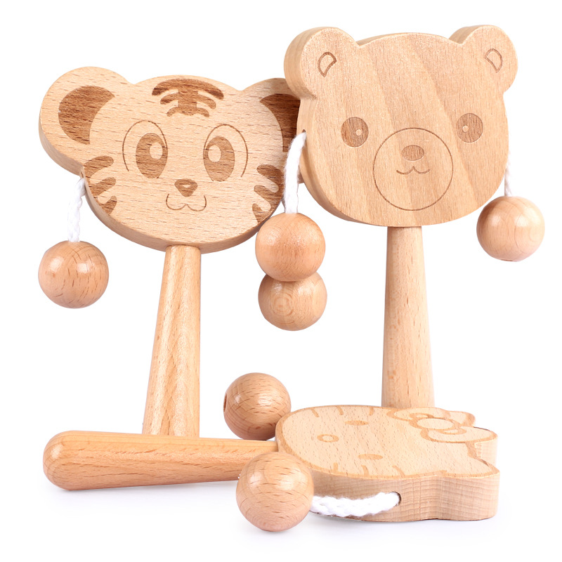 High-grade beech wood rattle rattle double-sided animal cartoon coax baby puzzle musical instrument hand drum