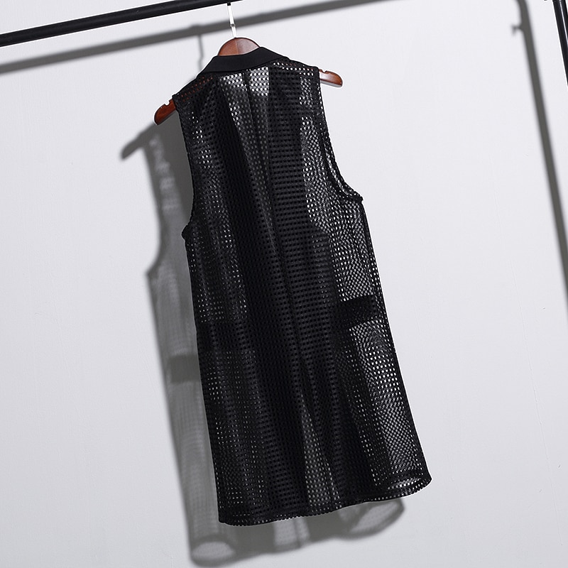 Billig turn-down krave udhulet lang damevest plus size sort ærmeløs jakke cardigan kontor dame sommer vest 4xl