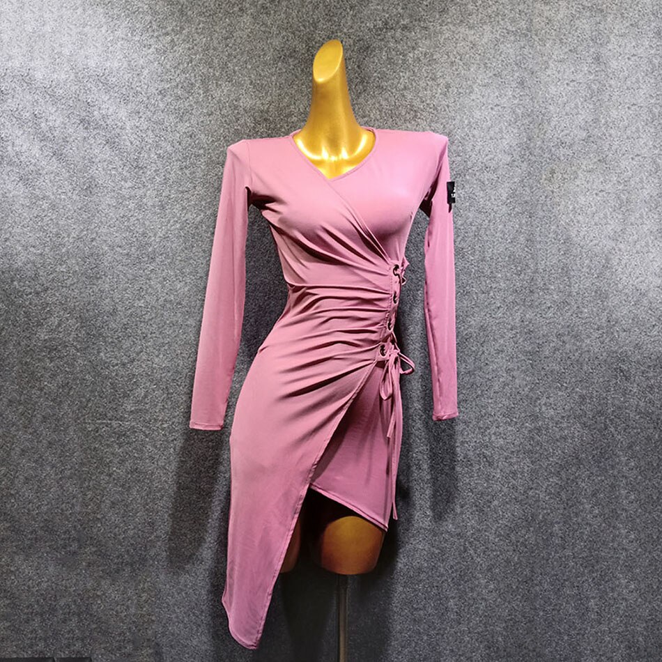 Women Latin Dance Dress Long Sleeve Striped Waist Dancing Practise Cloth Samba Tango Chacha Dancing Performamnce LW422: 004 / S