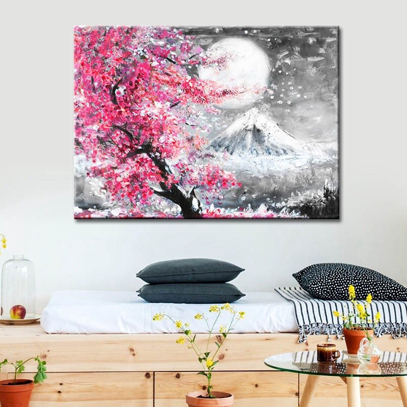 Estilo japonés Cerezo flor Fuji montaña paisaje acuarelas pinturas al óleo lienzo impresión hogar pintura decoración de pared sin marco