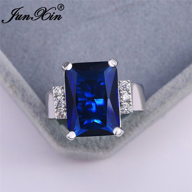 Vintage Vrouwelijke Mannelijke Zwart Groen Blauwe Steen Ring Rechthoek Zirconia Wedding Bands Engagement Ringen Voor Vrouwen Mannen Sieraden: 7 / Blue Ring
