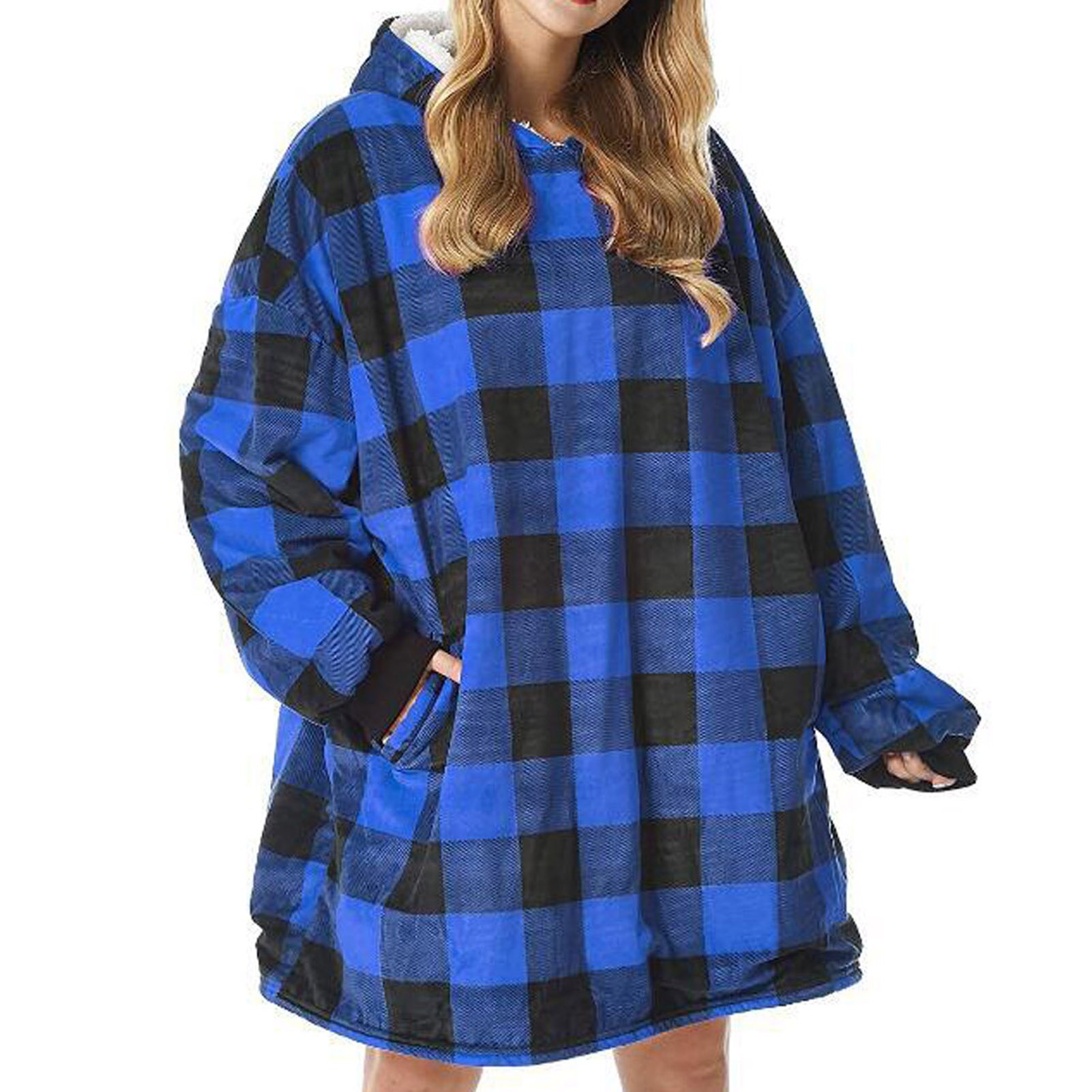 Newst Fleece Deken Met Mouwen Wearable Capuchon Zakken Deken: Blue Plaid