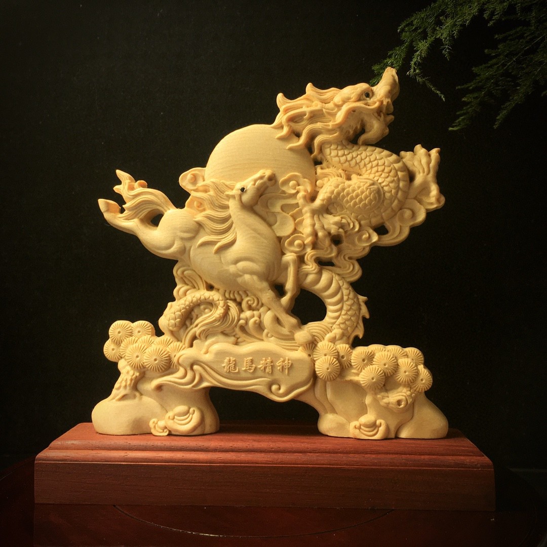 Wood carving animal dragon horse spirit ornament traditional hand carving Home Living Room Office Display Statue