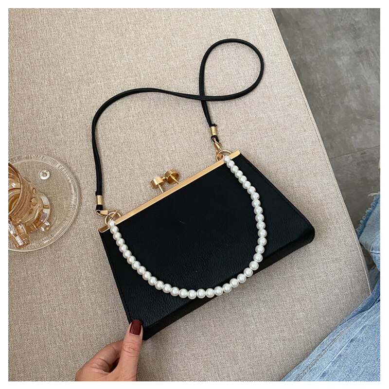 Trend Women PU Leather Bags Shoulder Pack Portable Pearls Handle Envelope Square Decorative Ladies Party Purse