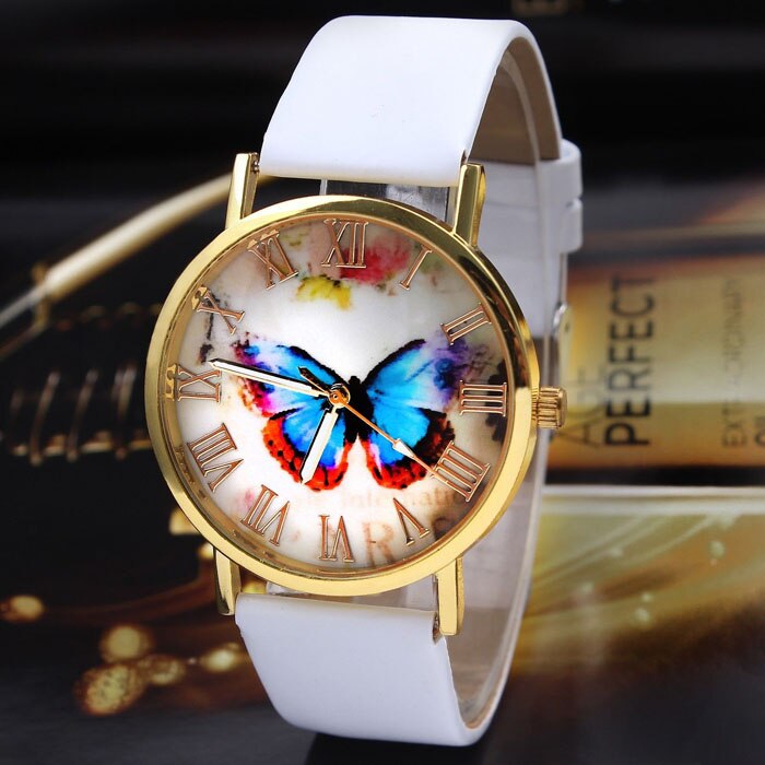 Womens Vlinder Stijl horloge Lederen Band Analoge Quartz Horloge lederen armband horloge vrouw dames montre femme: White 