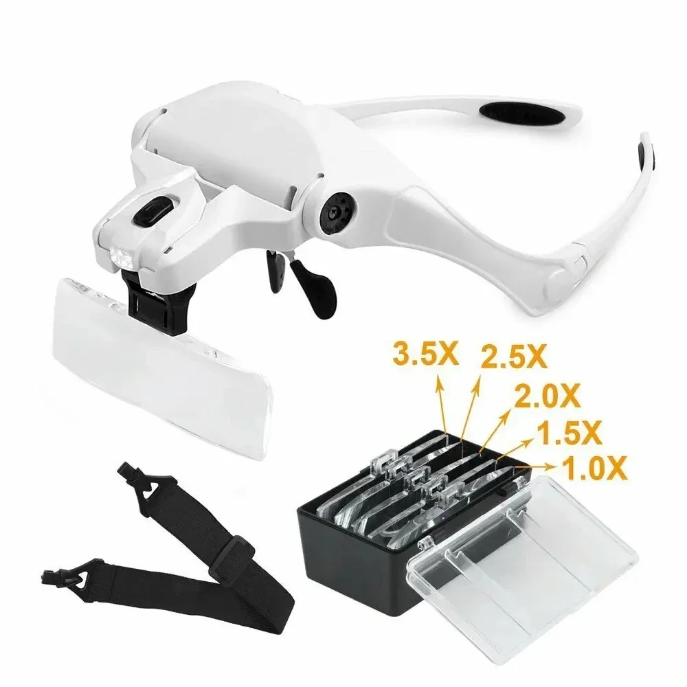 Head-Mounted Magnifier With LED Light 1x-3.5x Lenses For Soldering Jewelry Craft Watch Repair & Microscope-Level Inspection