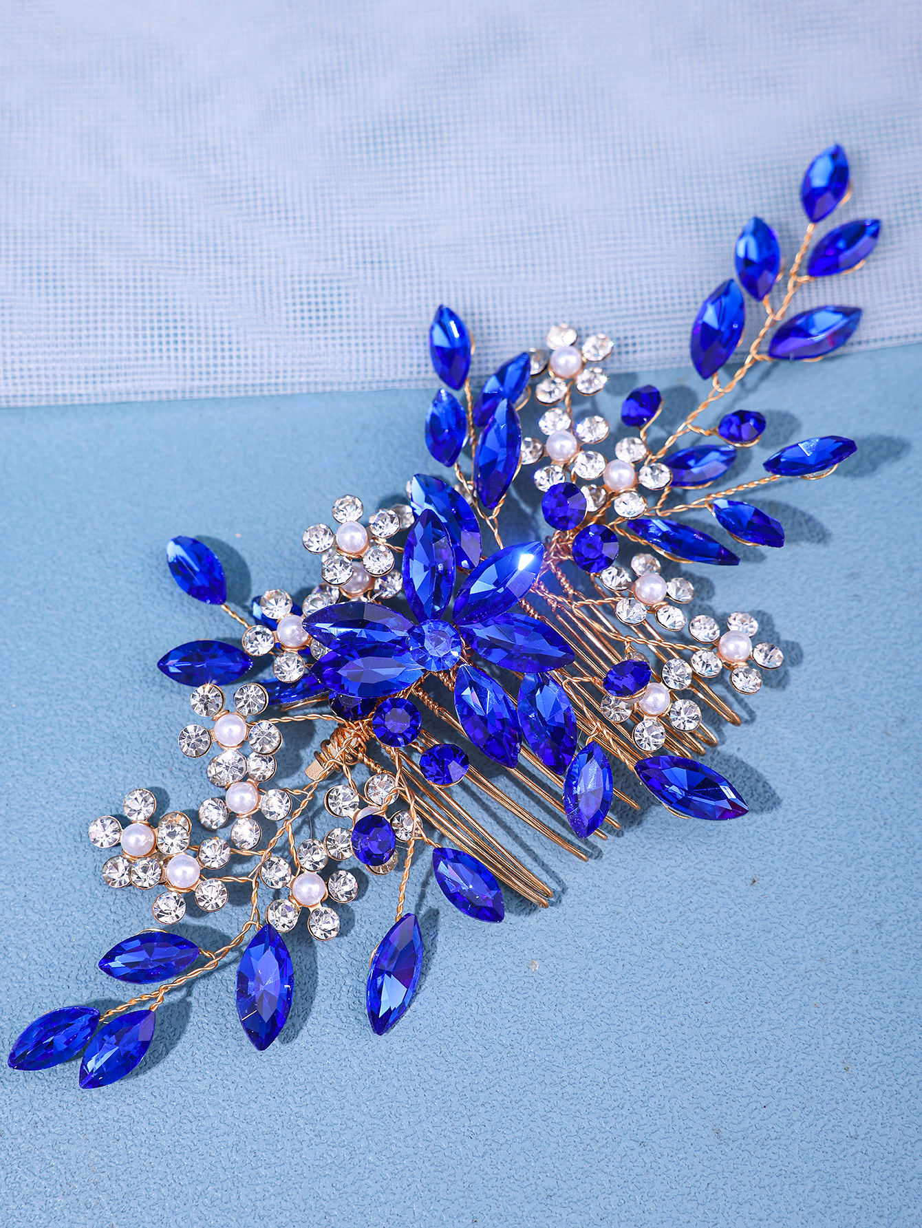 Peinetas para el pelo de novia con flores de cristal y perlas, joyería para el cabello con diamantes de imitación, accesorios de boda, Tiara nupcial, diadema, tocado de perlas para graduación: Azul