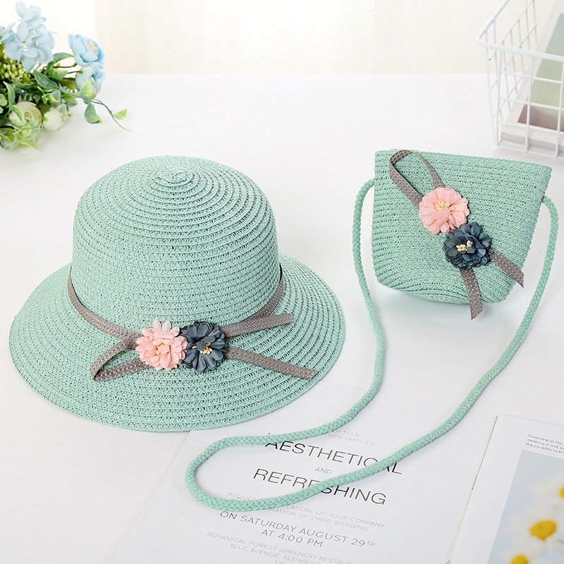 Blomma barn tjej solhatt andas hatt halm hatt med handväska väska barn mössa tjejer solskydd uv skydd panama hatt gorras: 3