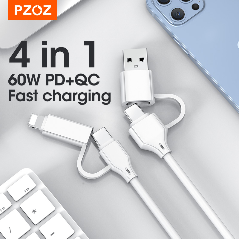 Pzoz 4 in 1 usb kabel 3a pd hurtig opladning til iphone 13 12 pro 11 usb type c kabel til xiaomi samsung huawei usb c telefon kabel