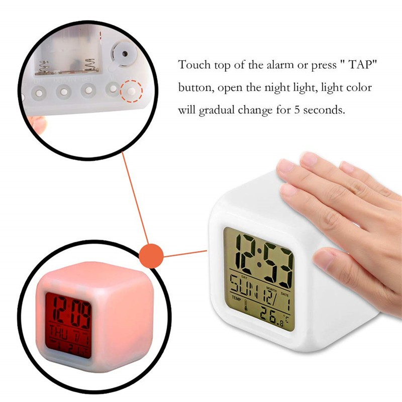 Vækkeur led vækkeur 7 farver skiftende skrivebord gadget digitalt termometer natglødende terningebord digital ur dekoration