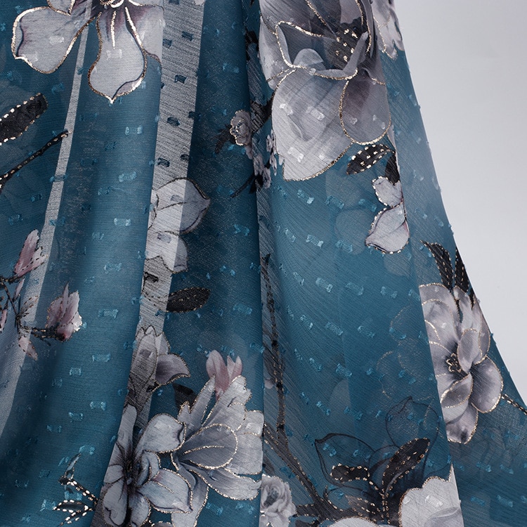 Soft Blue Plum Patroon Bronzing Gedrukt Chiffon Tule Stof Voor Trouwjurk, Door De Meter,150 Cm Breedte