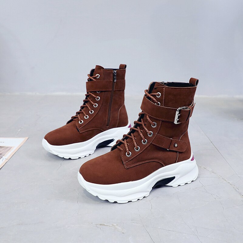 Grande taille en peluche bottes d'hiver grosses baskets bottines femmes chaussures femme à lacets fermeture éclair boucle épaisse semelle plate-forme chaussures: Marron / 6.5