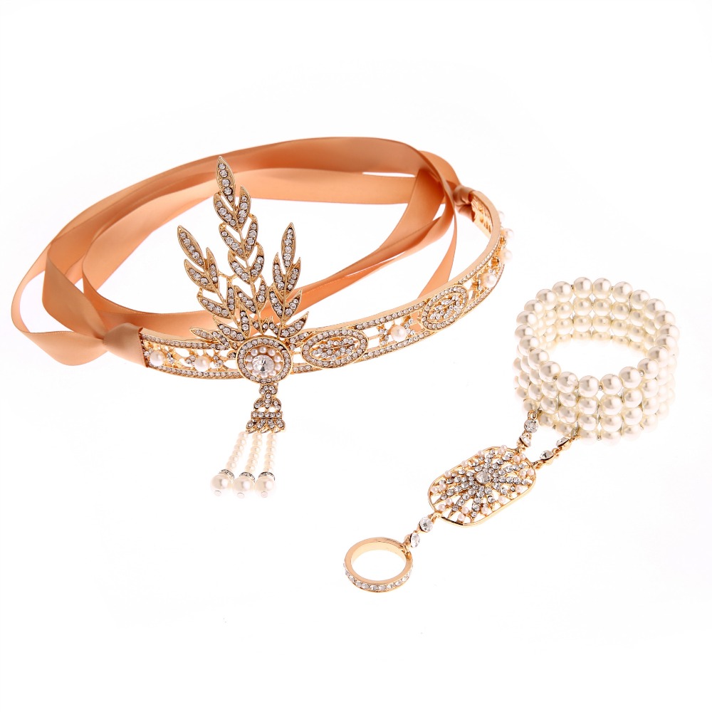 1920s Great Gatsby Party Costume Accessories Set 20s Flapper Art Deco Headband Pearl Bracelet Ring Hand Accessories 2 Pcs Set