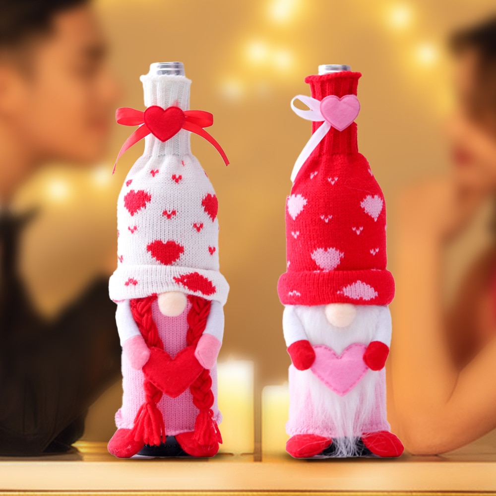 Gnome Wijnfles Covers Zoete Hart Patroon Gebreide Wijnfles Zakken Voor Valentijnsdag Decor