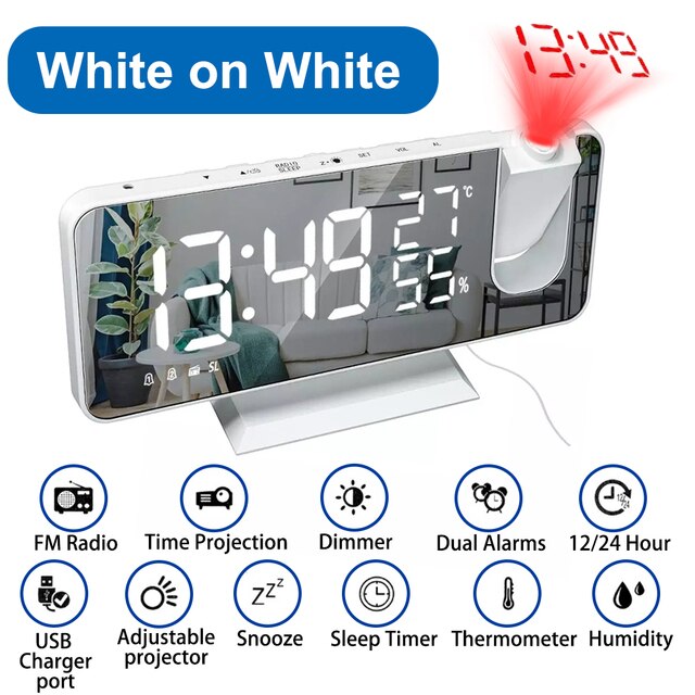 180° LED Projection Digital Alarm Clock for Bedroom Ceiling with USB Phone Charging Dimmer DST Snooze Function for Heavy Sleeper: White on White