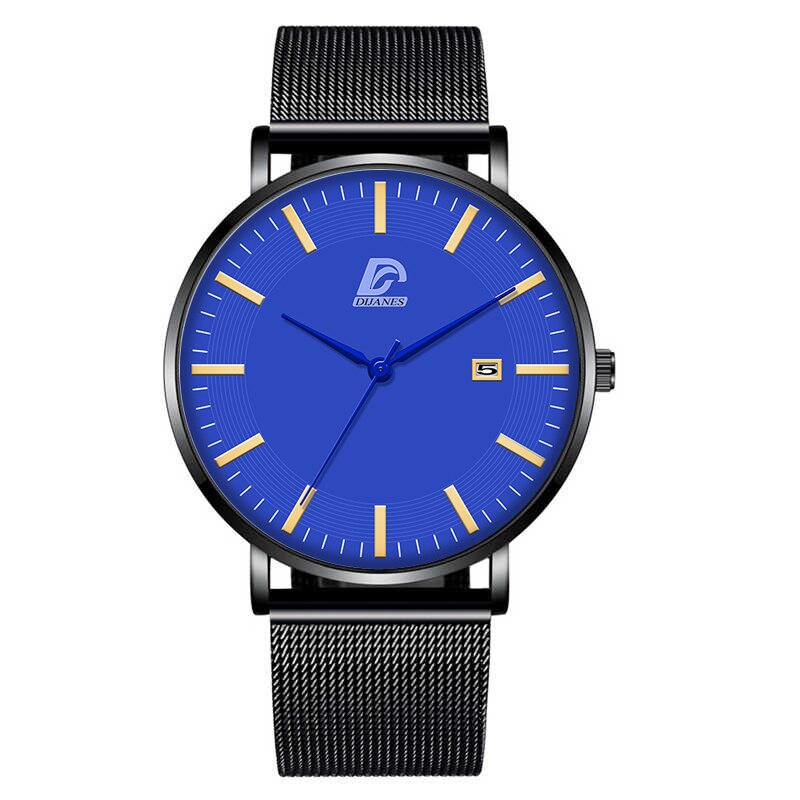 Dijanes miesten business minimalistiset kellot ultraohut ruostumaton teräsverkko vyö analoginen kvartsi rannekello reloj hombre: Verkko musta sininen