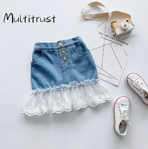 1-6Y Summer Infant Baby Girls Sweet Skirts Blue Denim Lace Straight Mini Skirts Outfits
