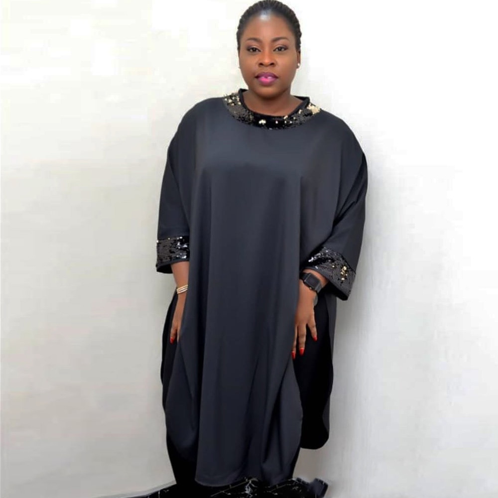 Plus Size Traditional African Clothing Oversized Loose Casual Sequined Sequins Solid Dashiki Dress Kanga Bazin Clothes