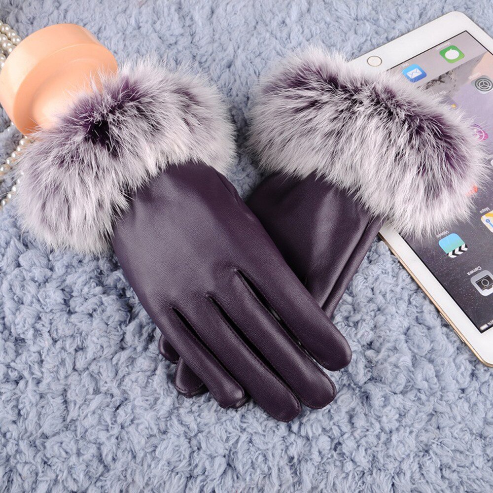 Warm Gloves Lady Luxury Fur Gloves Winter Leather Full Finger Warm Glove Driving Outdoor Glove Women Black Mitten #L20