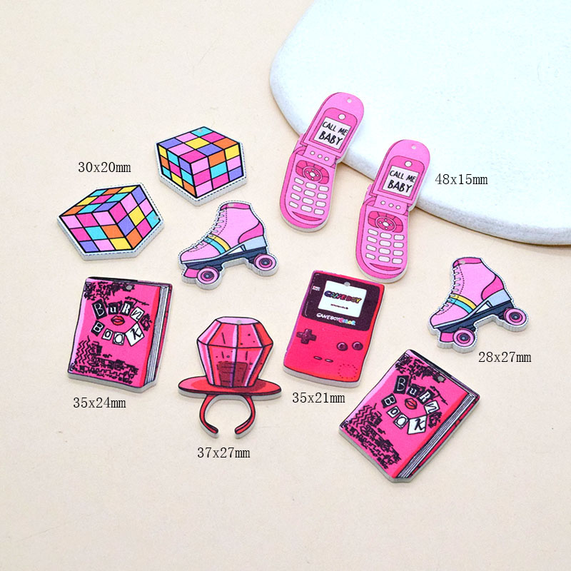 Anillo de patines de hielo rosa para mujer, abalorio acrílico, divertido libro, lindo pendiente, llavero, accesorio colgante, joyería artesanal, 10/12 piezas