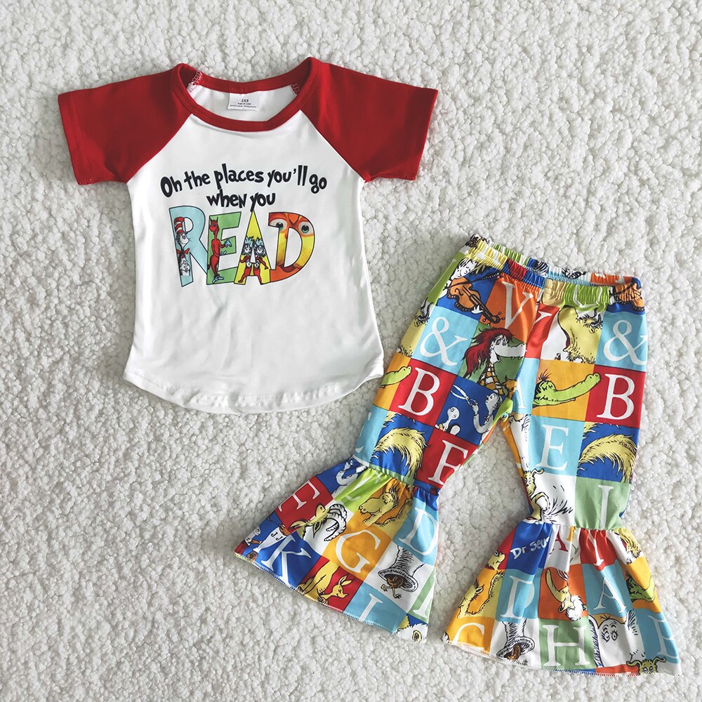 Girl Short Sleeve Outfits Stitching Top and Bells Set Toddler Cute Cartoon Pattern Clothing Suit