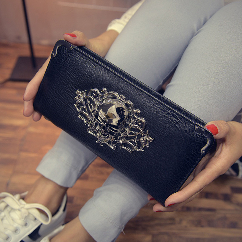 Punk Style Skull PU Leather Wallets Wallet for Women Purse Vintage Ladies Card Holder Mobile Phone Clutch Bag