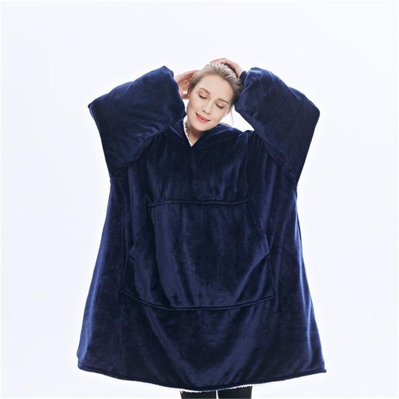 Vinter tyk comfy tv tæppe voksne børn udendørs fleece vægtede tæpper senge rejse sweatshirt solid varm hætteklædt tæppe: Blå